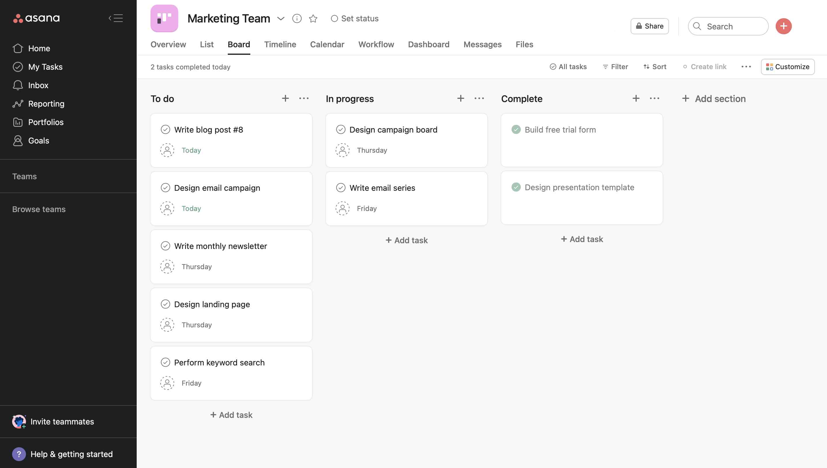 Asana interface showing tasks.