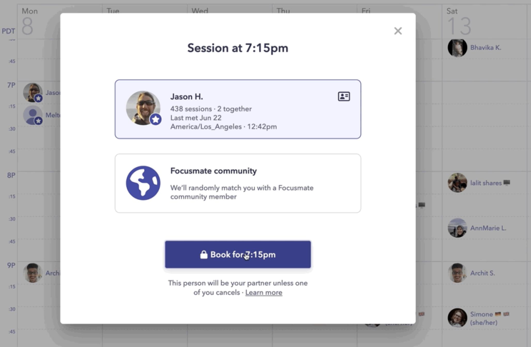 Focusmates interface showing an invitation for a session.